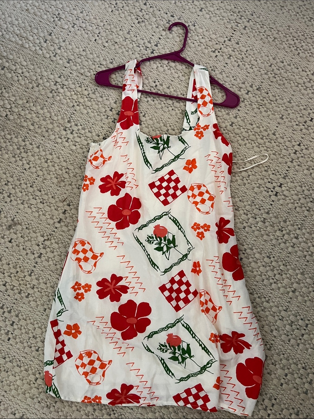 White Sundress with Red Floral & Checker Print